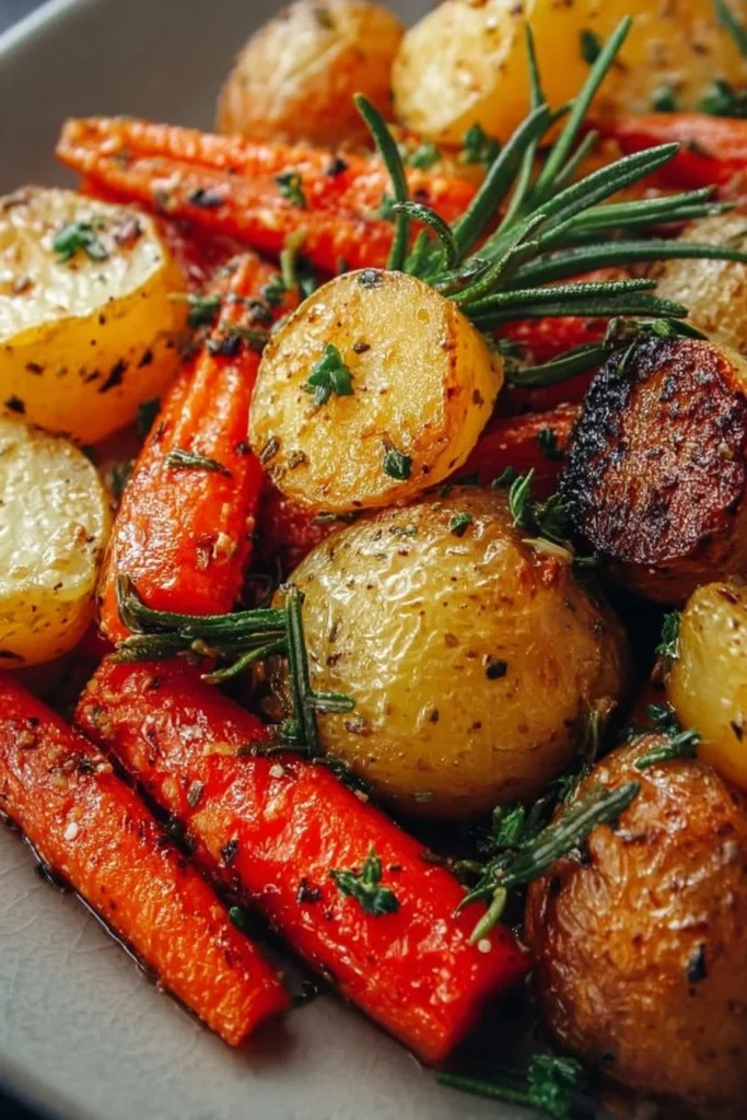 Bowl of roasted potatoes with carrots and fresh herbs