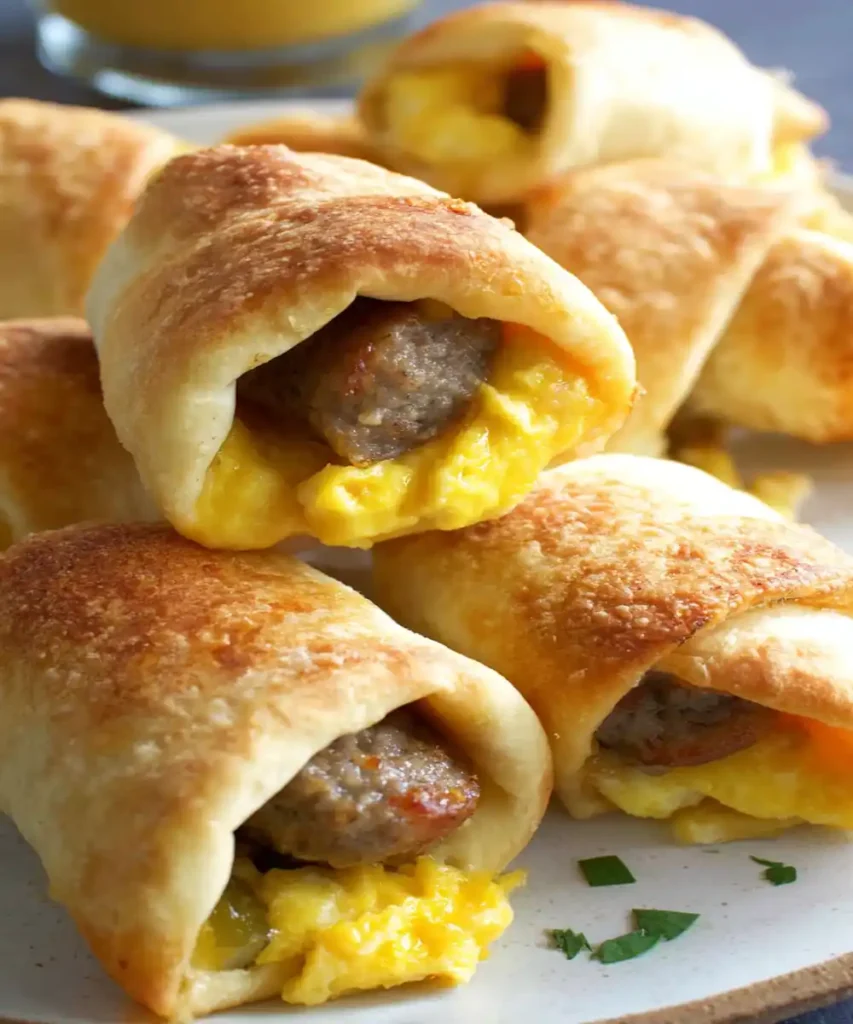 Golden crescent roll-ups filled with scrambled eggs and sausage on a plate