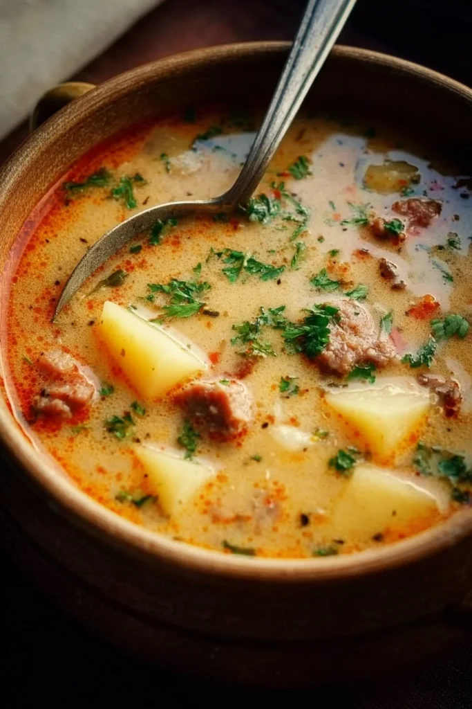 Bowl of savory Sausage Potato Soup with fresh herbs and ingredients