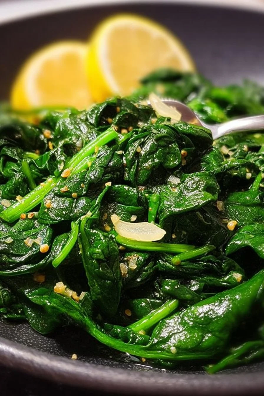 Sautéed spinach with garlic and lemon on a white plate
