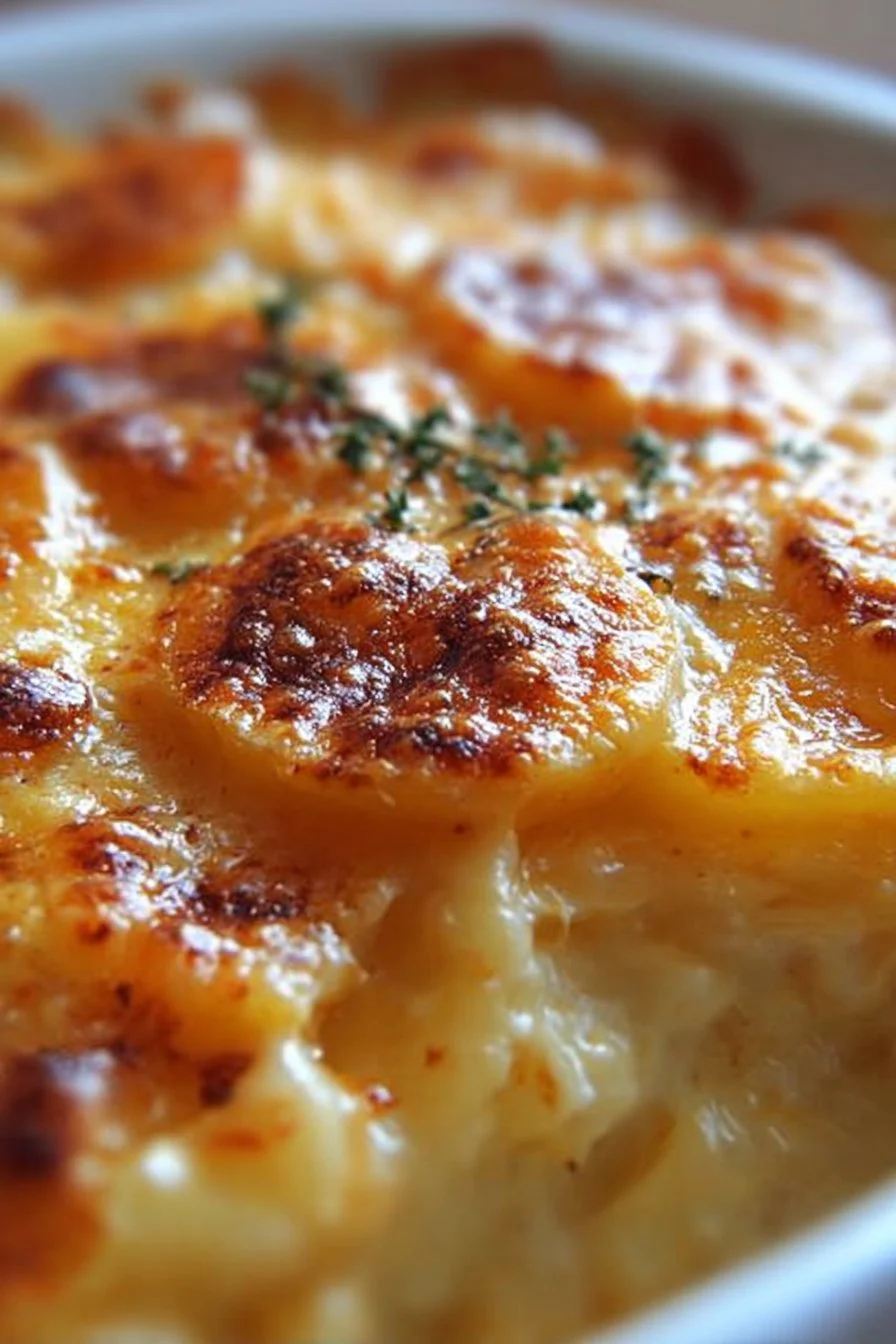 Delicious scalloped potatoes baked with creamy cheese and herbs