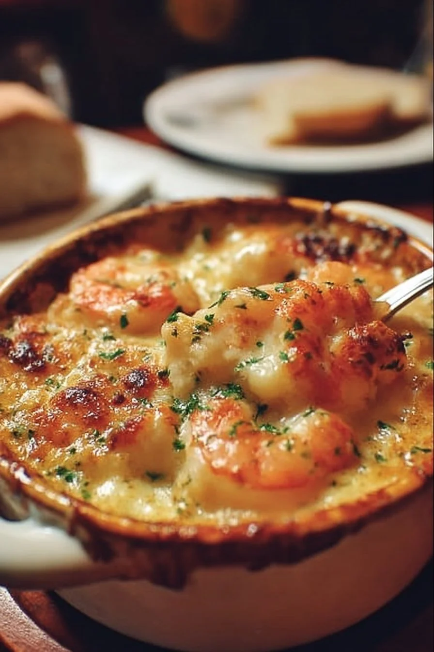 Delicious seafood gratin with shrimp, scallops, and creamy sauce baked in a dish.