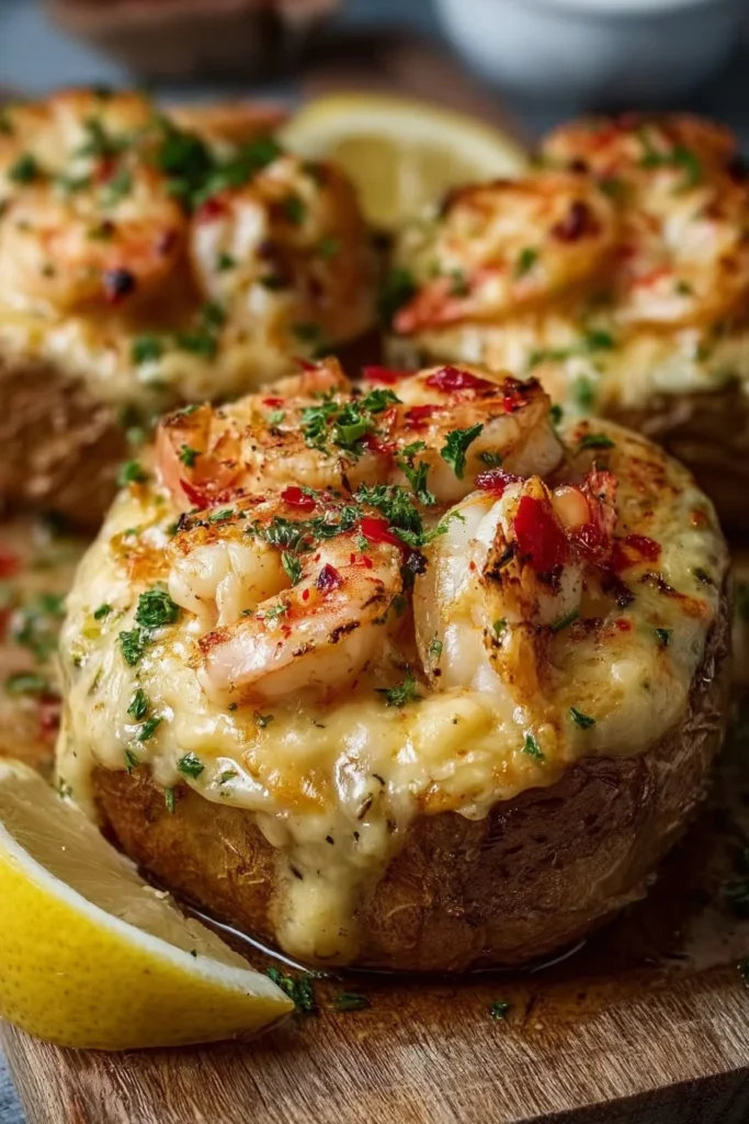 Delicious Seafood Stuffed Potatoes topped with herbs and spices.