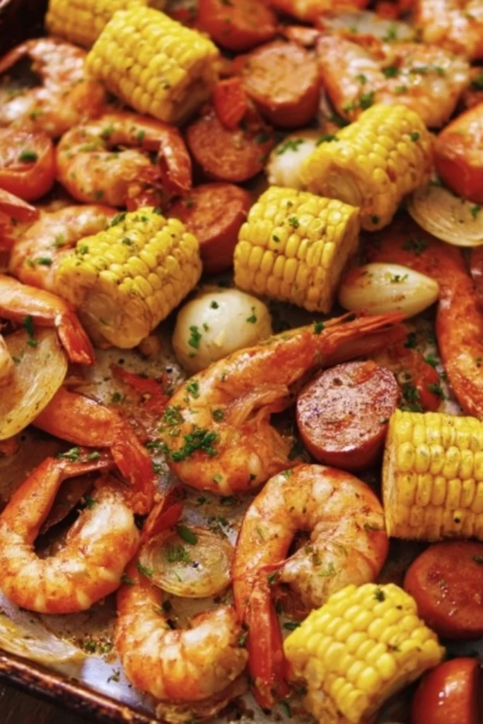 Delicious Sheet Pan Shrimp Boil with shrimp, corn, potatoes, and seasoning.