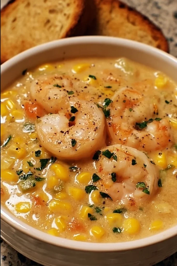 Bowl of creamy Shrimp and Corn Chowder with vibrant fresh ingredients.