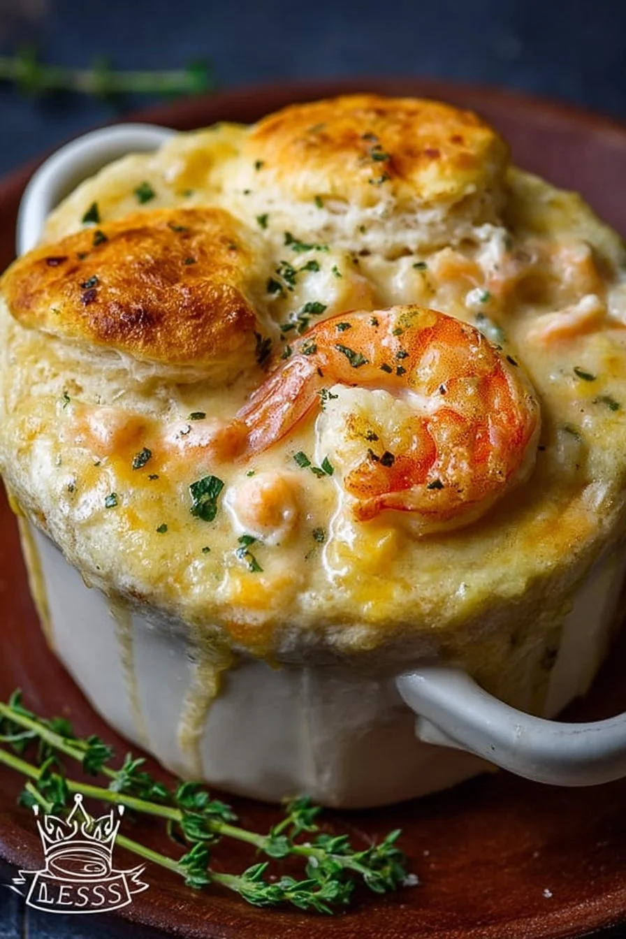 Shrimp and Lobster Cheddar Bay Biscuit Pot Pie served in a rustic dish