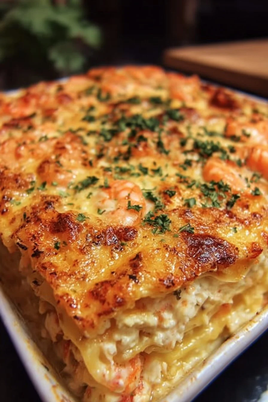 Delicious Shrimp Crab Lasagna featuring layers of seafood, cheese, and creamy sauce