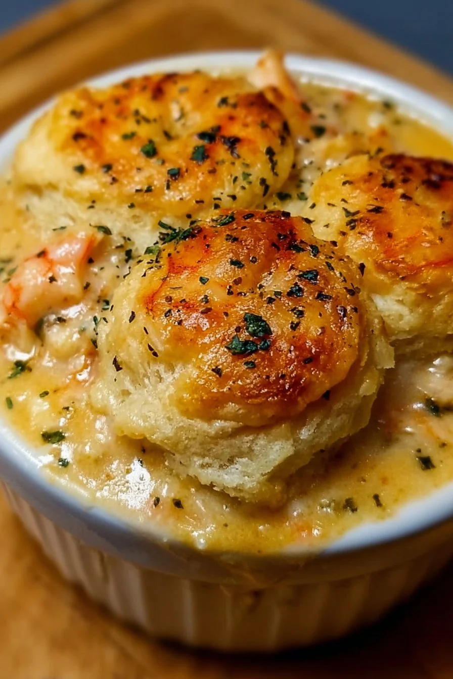 Shrimp and Lobster Pot Pie topped with Cheddar Bay Biscuits