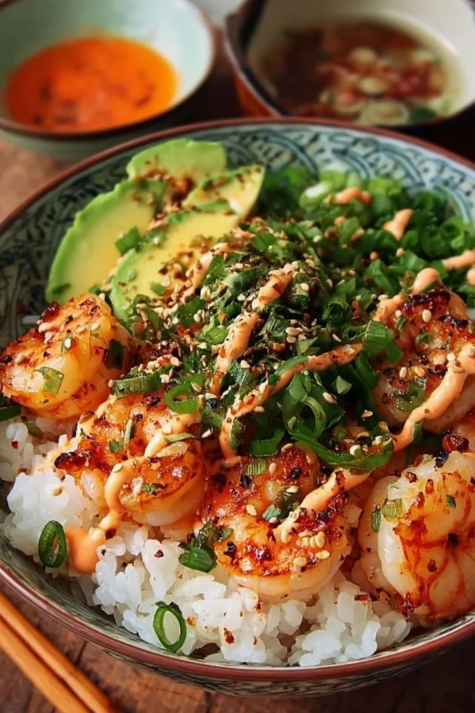 Delicious shrimp rice bowls topped with spicy mayo and fresh vegetables.