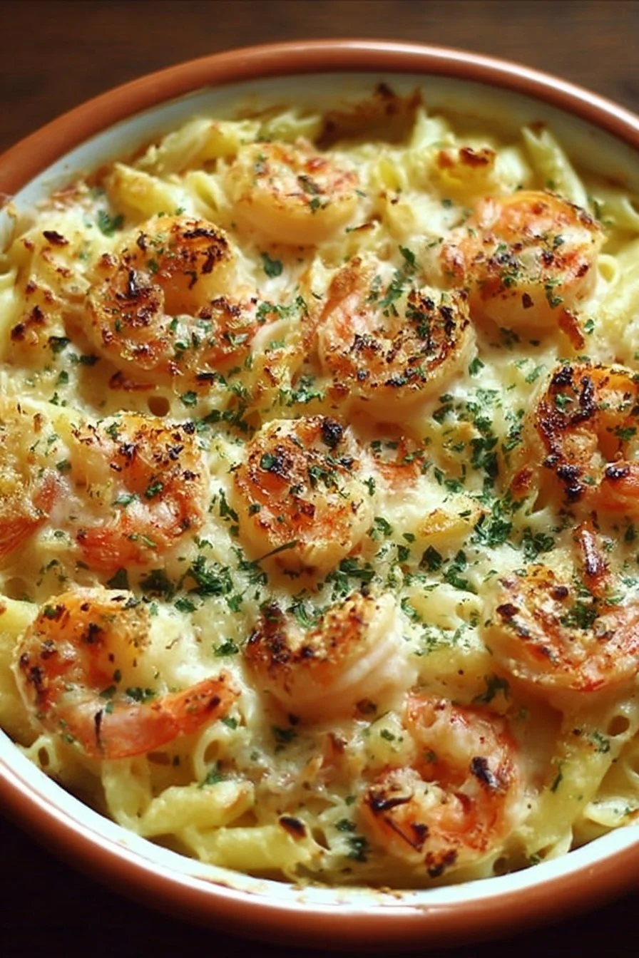 Shrimp Scampi Pasta Bake with cheesy topping and shrimp in creamy sauce