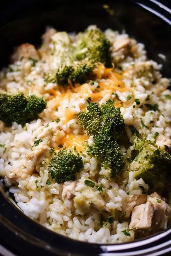 Crockpot broccoli chicken and rice dish served in a bowl
