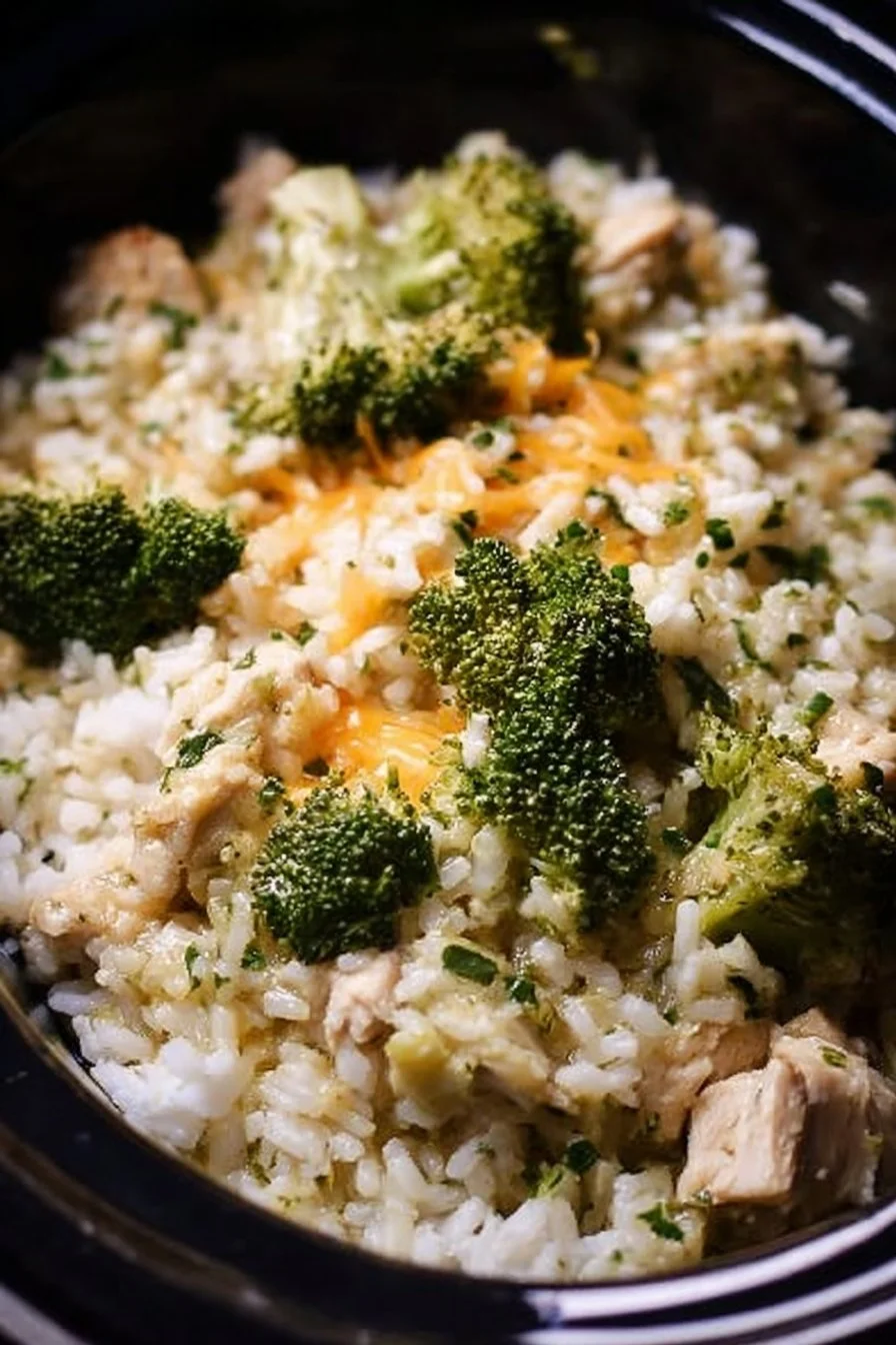 Crockpot broccoli chicken and rice dish served in a bowl