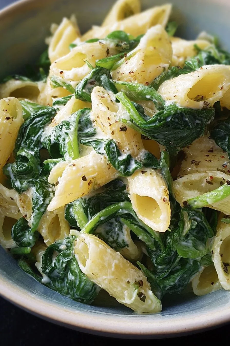 Delicious simple pasta dish with fresh spinach