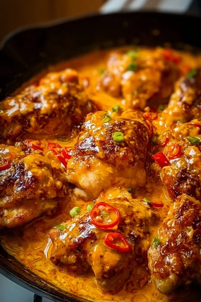 Skillet Bang Bang Chicken Thighs recipe with vibrant sauce and herbs