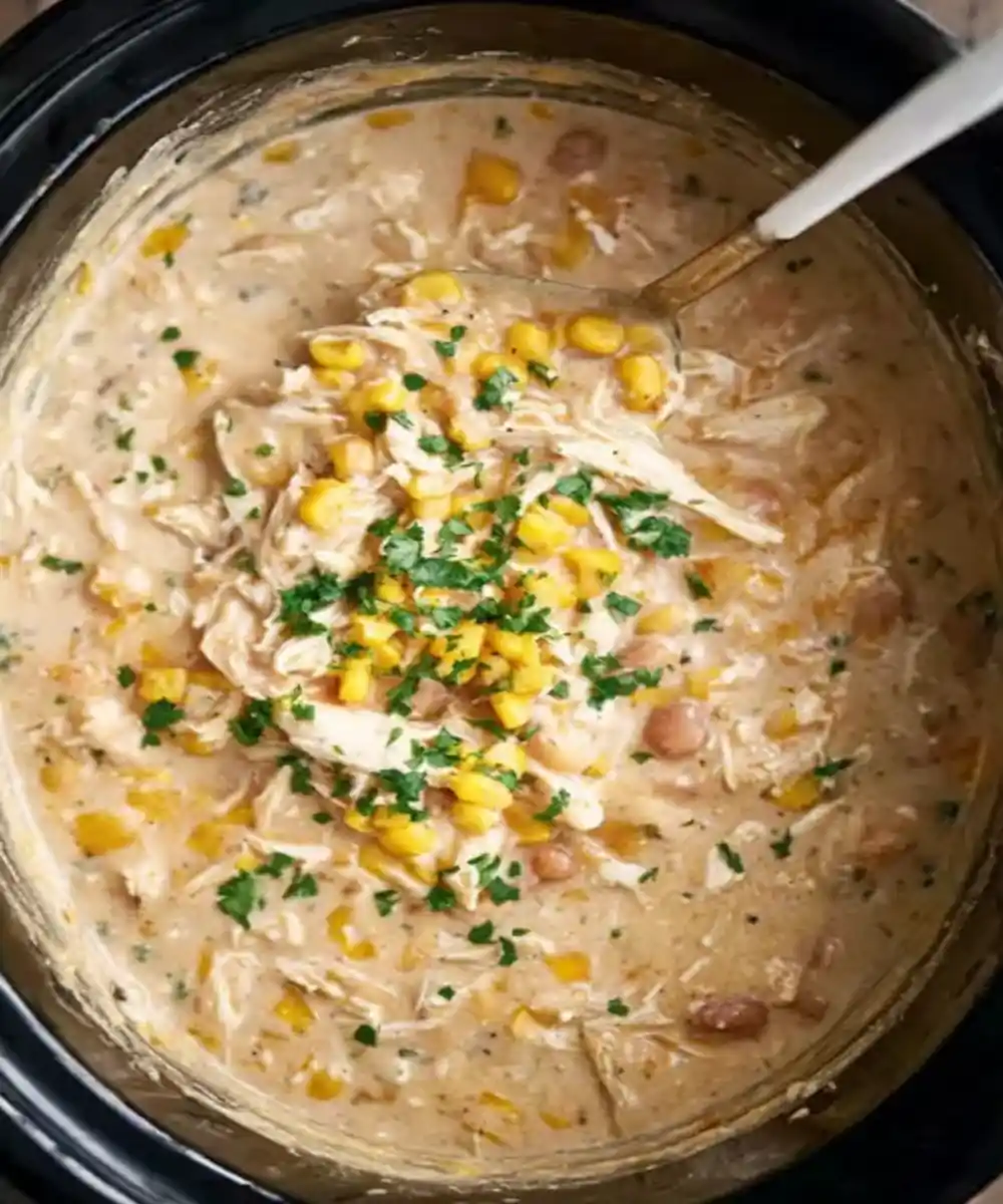 creamy slow cooker chicken chili with corn and beans garnished with parsley