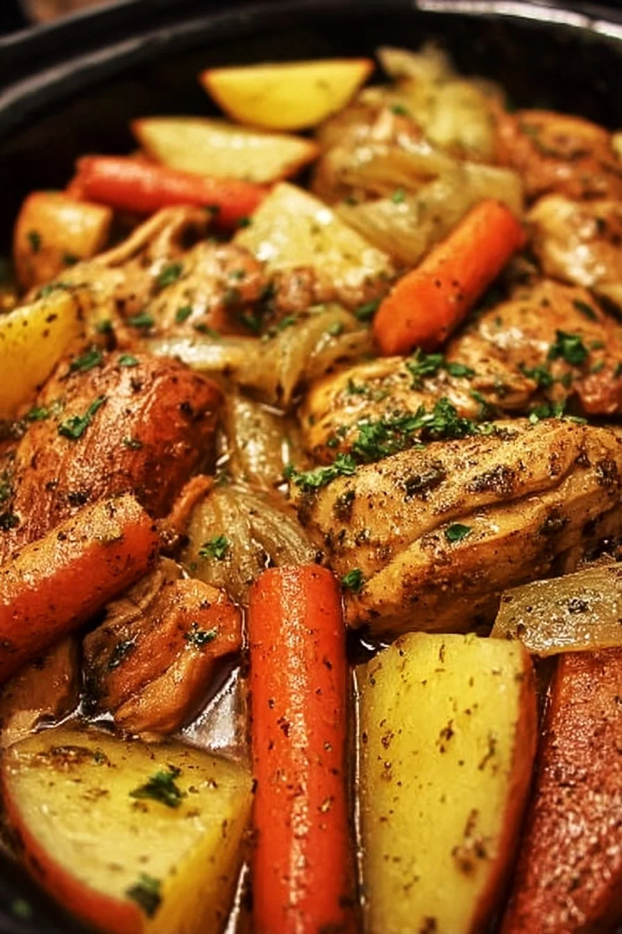 Slow cooker garlic butter chicken with mixed veggies in a serving bowl