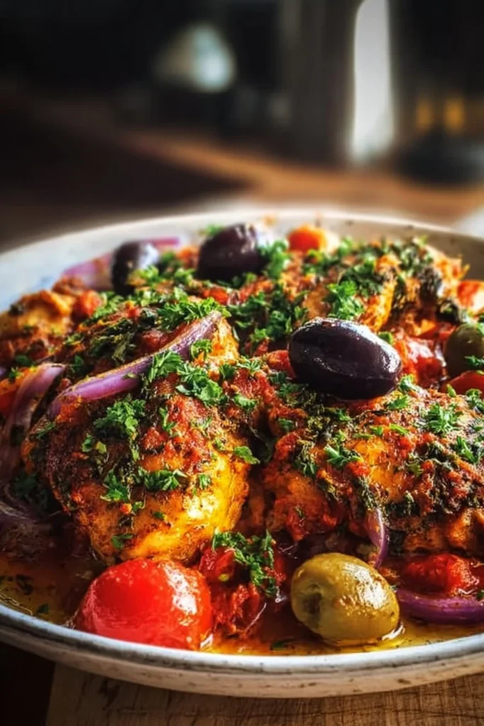 Slow Cooker Greek Chicken with Olives and Tomatoes dish