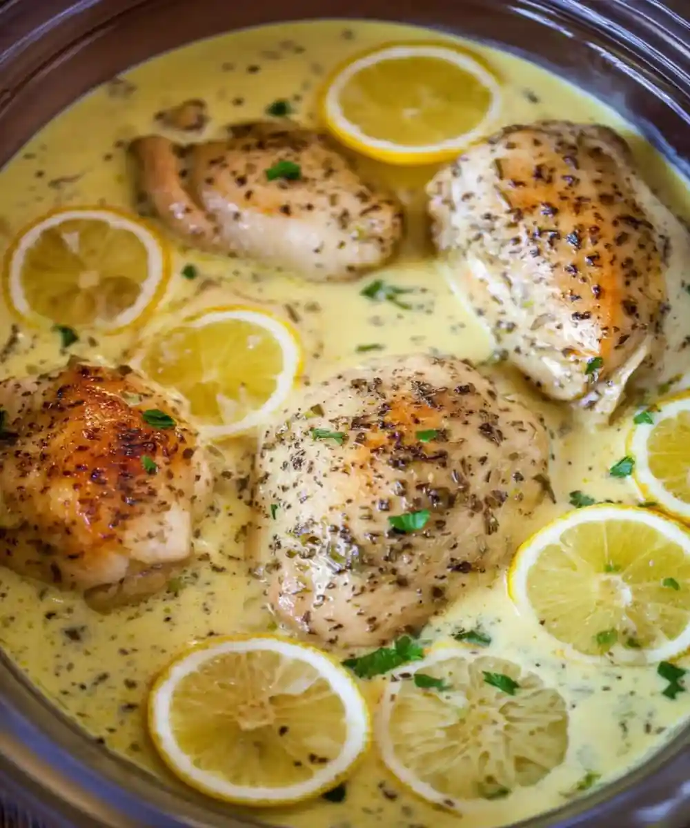 Slow-cooked chicken thighs in creamy lemon herb sauce with fresh lemon slices