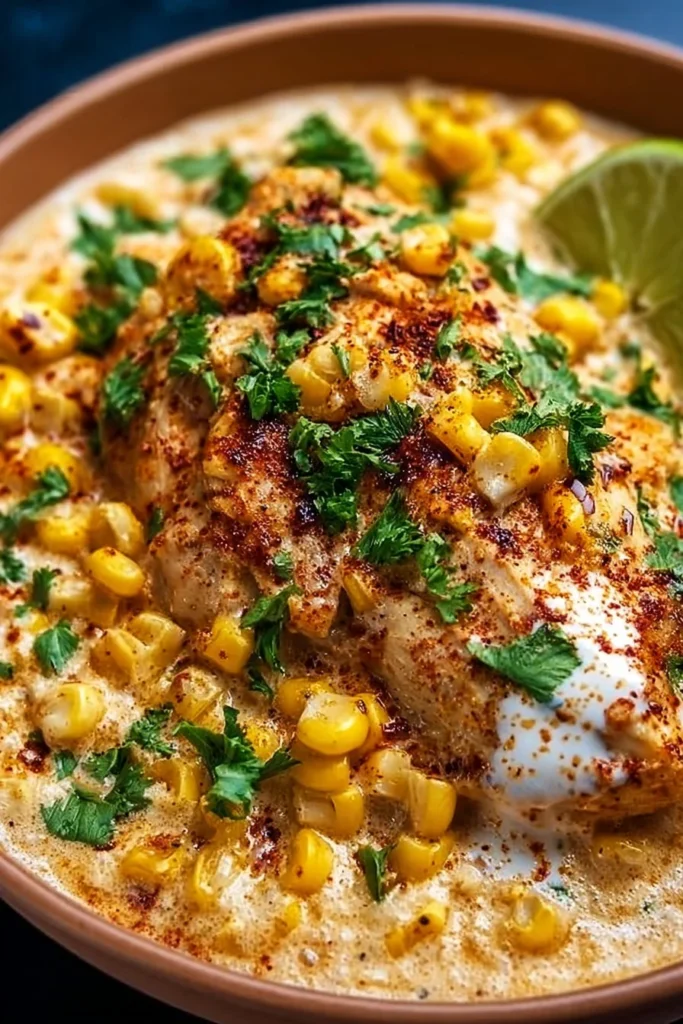 Slow Cooker Street Corn Chicken dish with creamy sauce and corn toppings