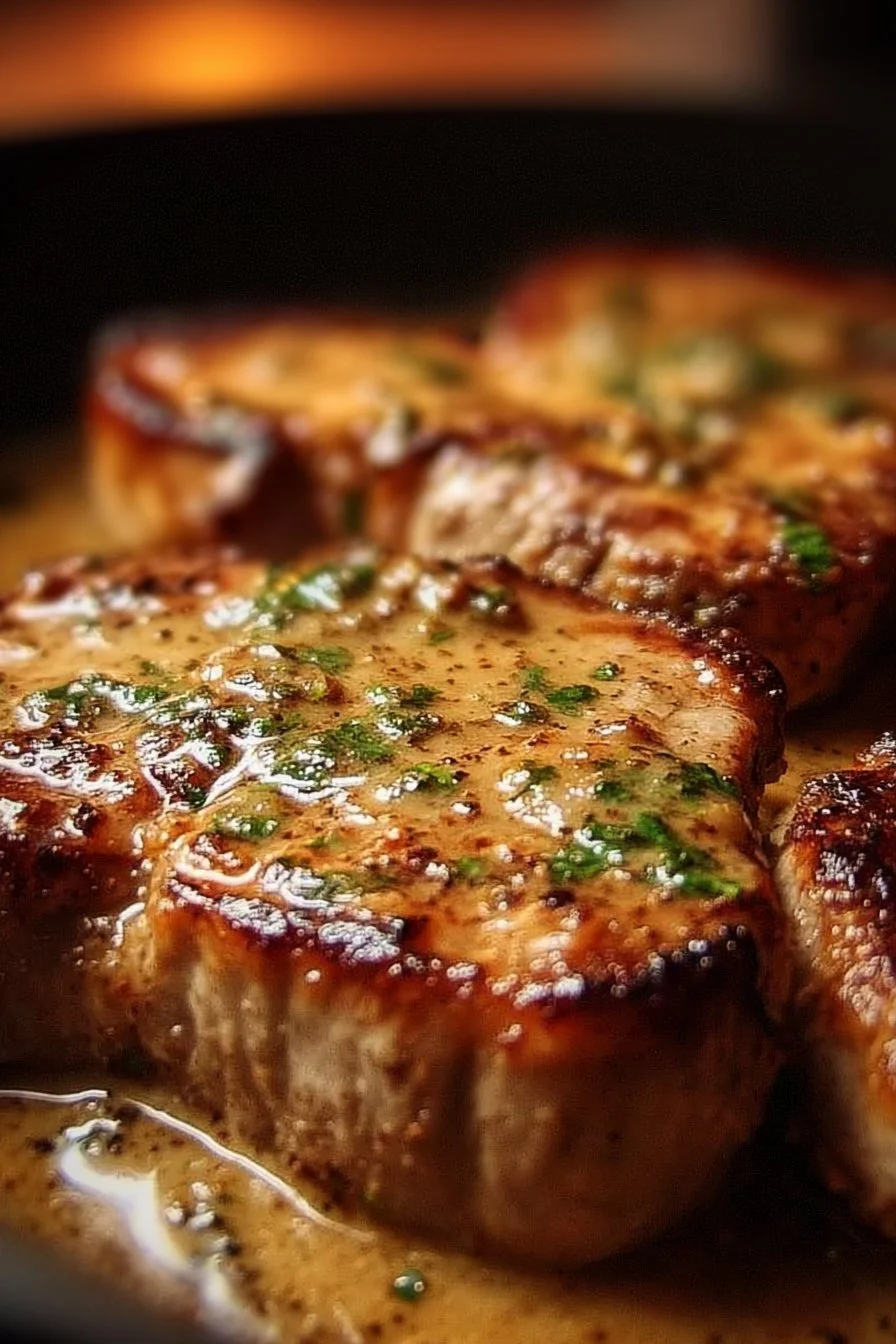 Smothered boneless pork chops served on a plate with rich gravy