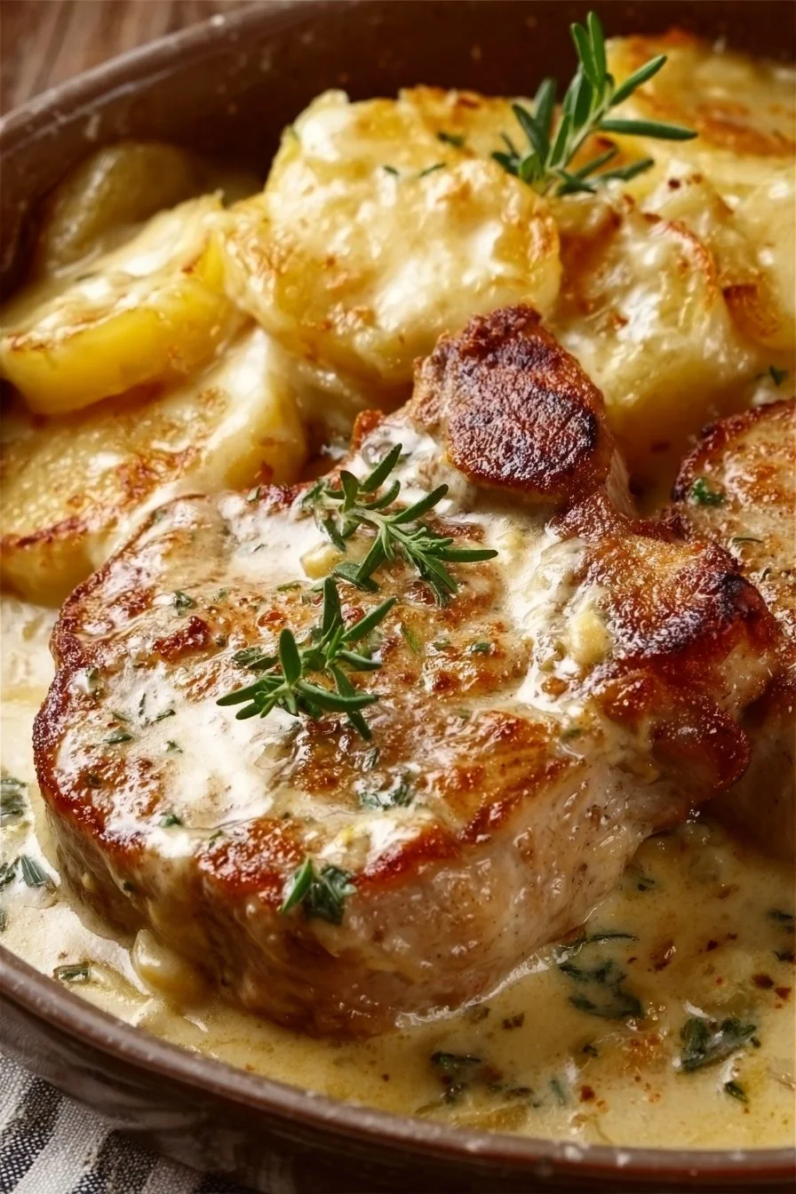 Smothered pork chop casserole with scalloped potatoes served in a baking dish.