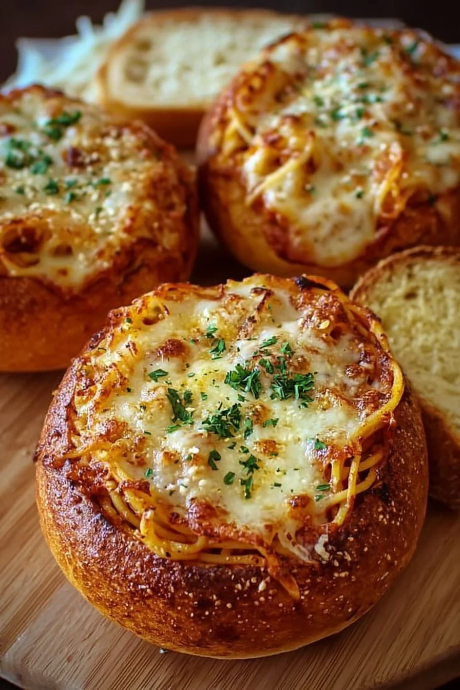 Spaghetti garlic bread bowls filled with delicious spaghetti and garlic butter