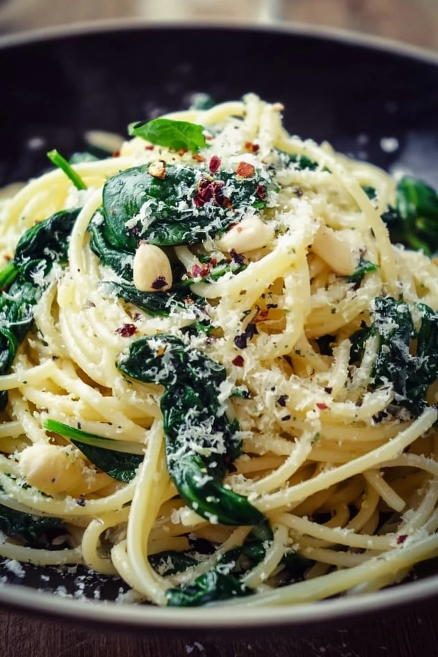 A plate of spaghetti with garlic and spinach, garnished with parmesan cheese.