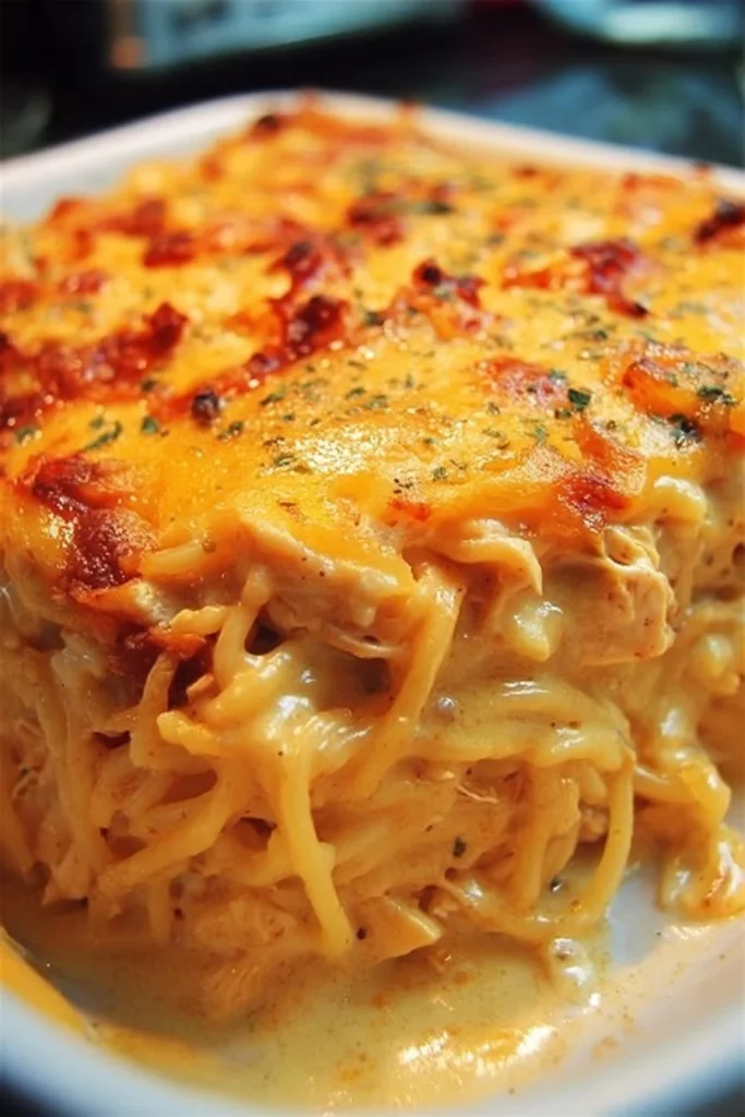 Spicy Southern Cheesy Chicken Spaghetti Casserole topped with melted cheese
