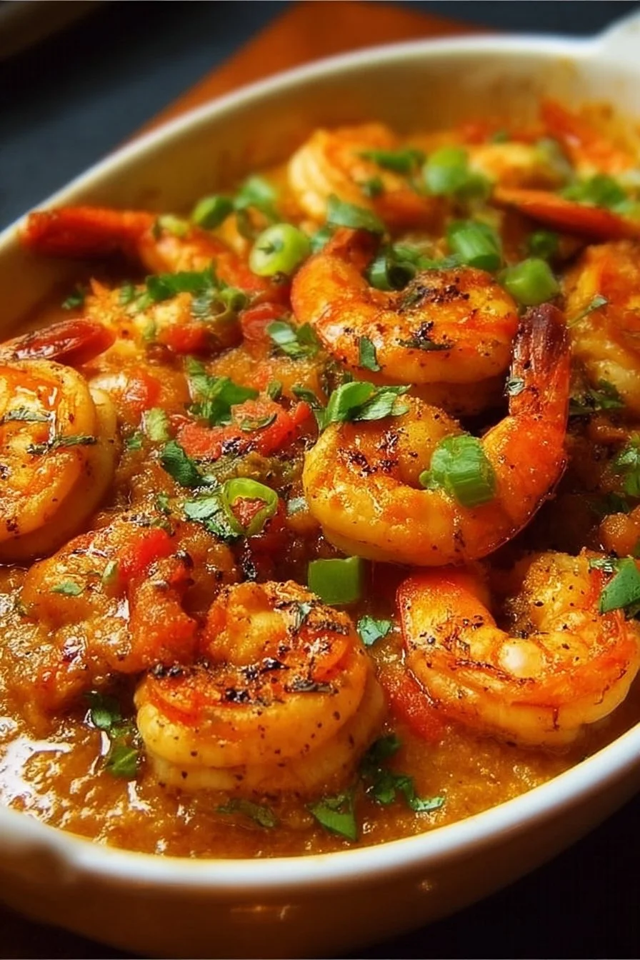 Delicious plate of spicy voodoo shrimp garnished with herbs and served with rice