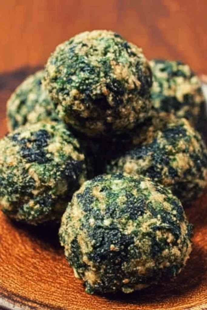 Plate of homemade spinach balls served as a healthy snack