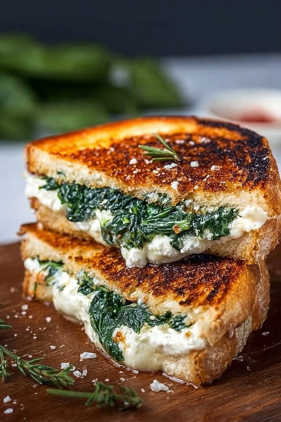 Delicious spinach feta grilled cheese sandwich with melted cheese and fresh spinach