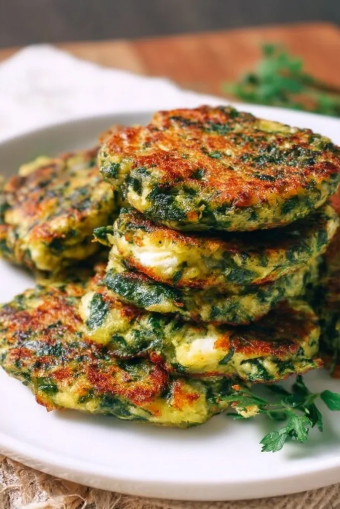 Crispy spinach fritters served on a plate garnished with herbs