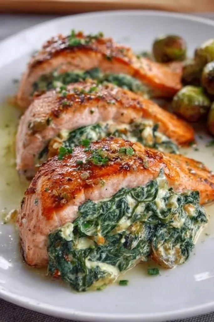 Delicious spinach stuffed salmon plated with fresh herbs and lemon.