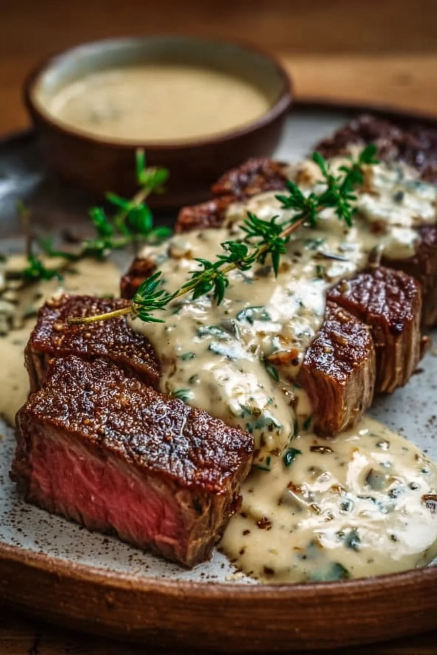 Steak topped with creamy garlic sauce served on a plate