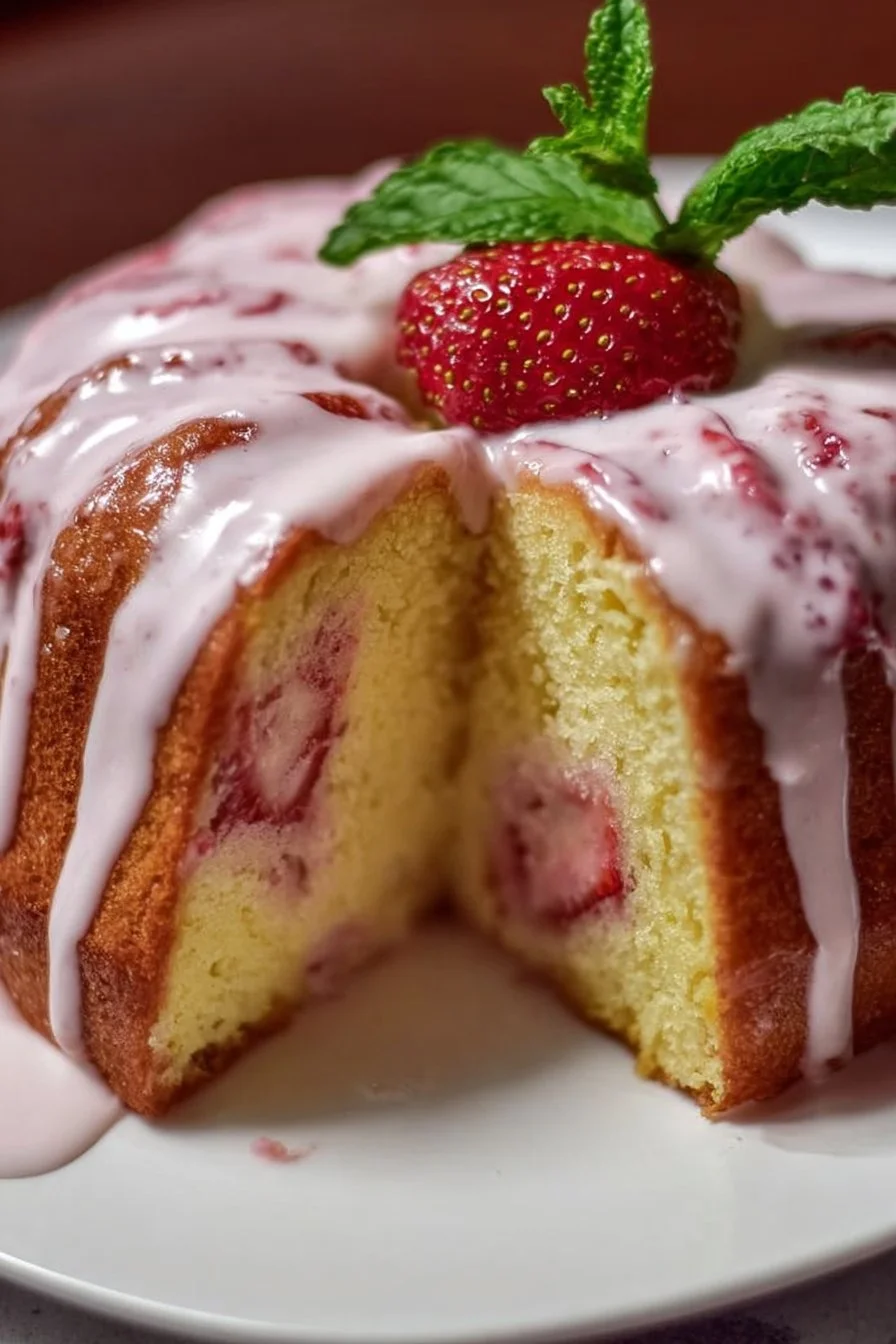 Delicious Strawberry Milkshake Pound Cake topped with strawberries and cream