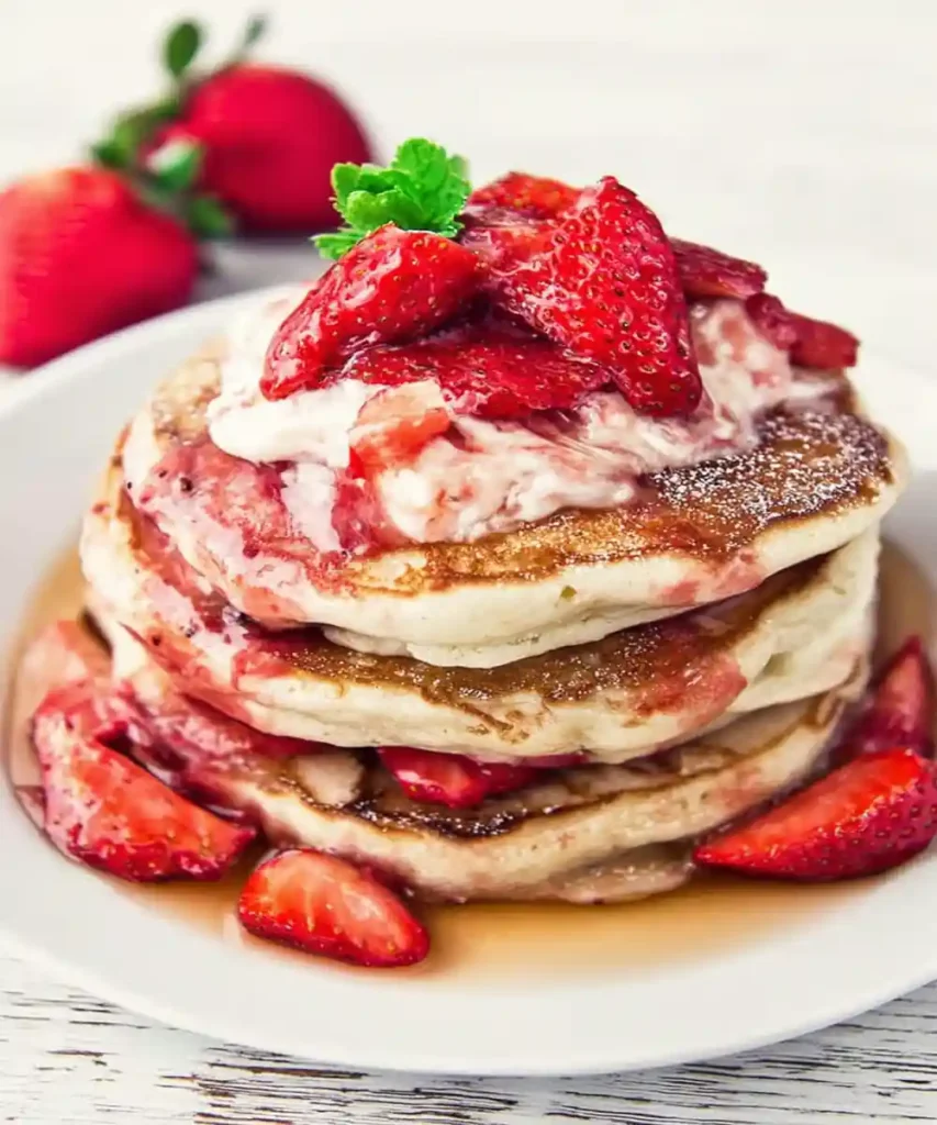 Stack of fluffy pancakes topped with whipped cream, fresh strawberries, and maple syrup