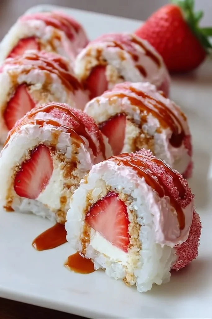 Strawberry Shortcake Cheesecake Sushi Rolls served on a plate