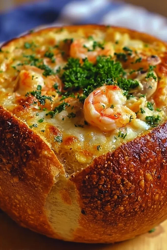Delicious stuffed seafood bread bowl with fresh ingredients and flavors