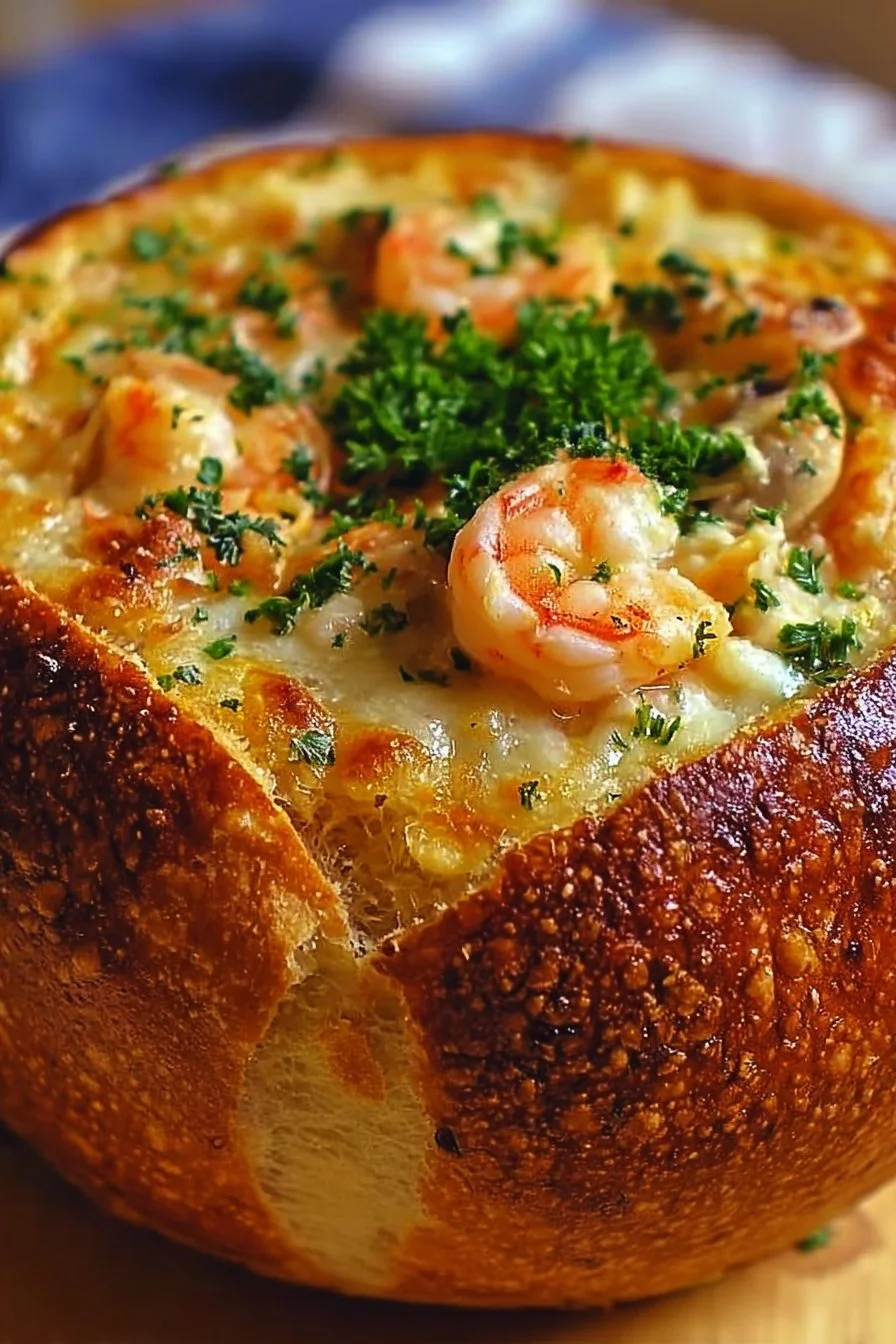 Delicious stuffed seafood bread bowl with fresh ingredients and flavors