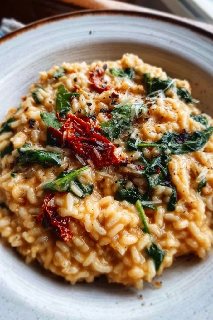 Creamy sun-dried tomato and spinach risotto served in a bowl