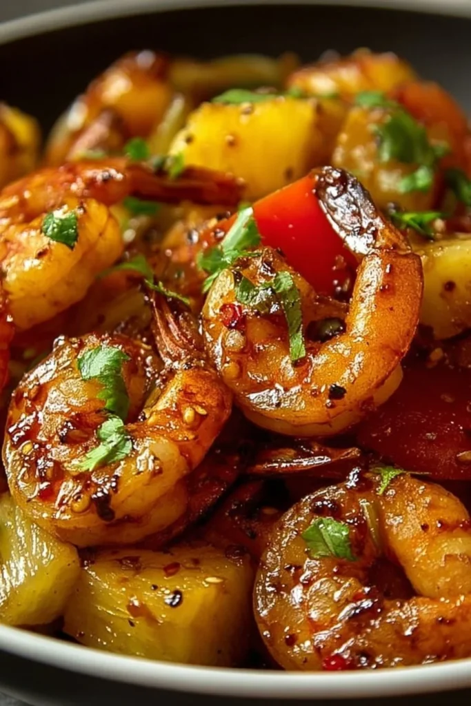 Delicious Sweet Chili Pineapple Shrimp served on a plate