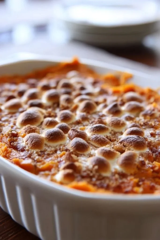 Delicious sweet potato casserole topped with marshmallows and pecans
