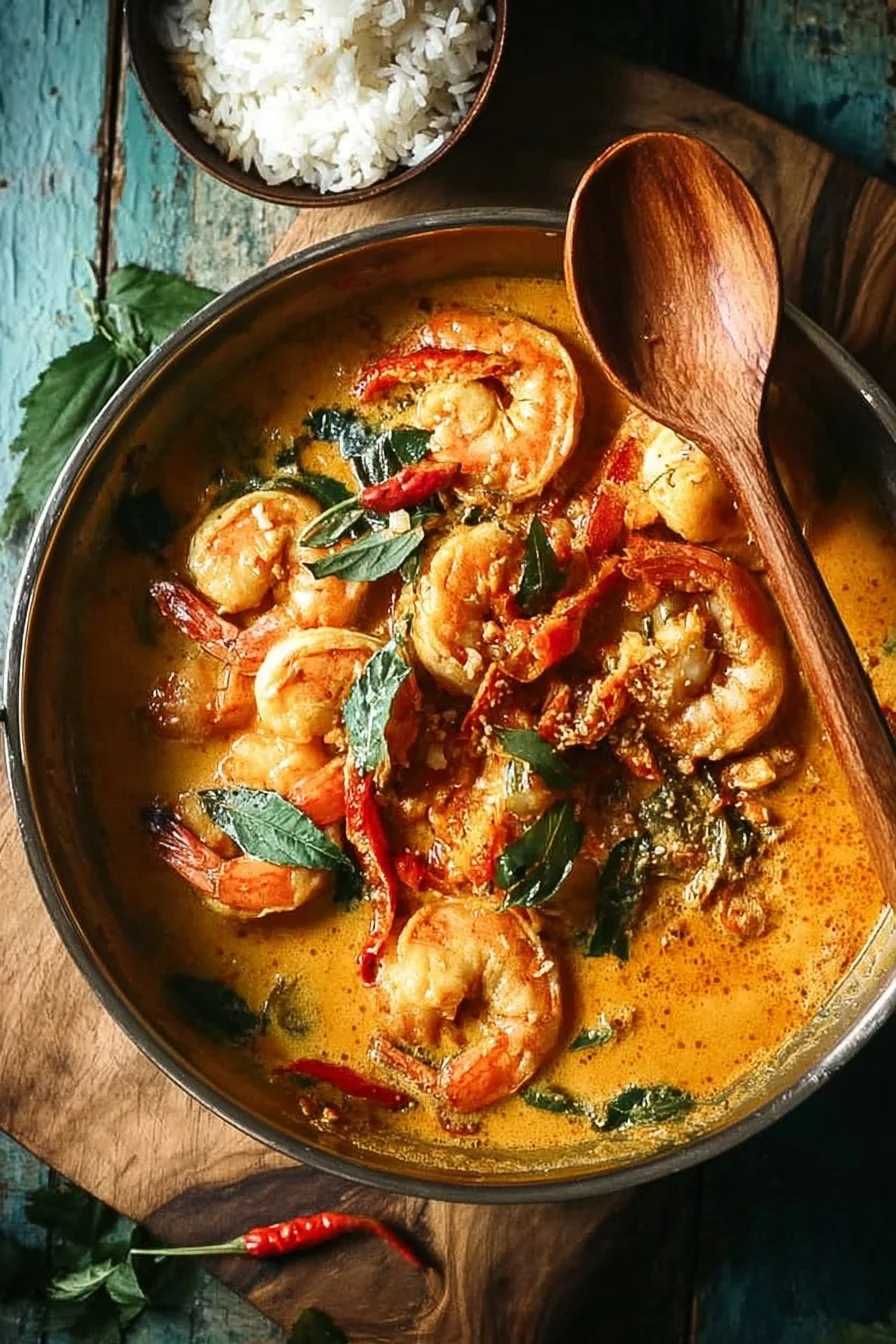 Bowl of Thai Coconut Shrimp Curry with vibrant colors and topped with fresh herbs