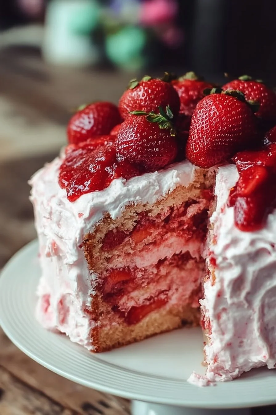 Delicious homemade strawberry cake topped with fresh strawberries and cream