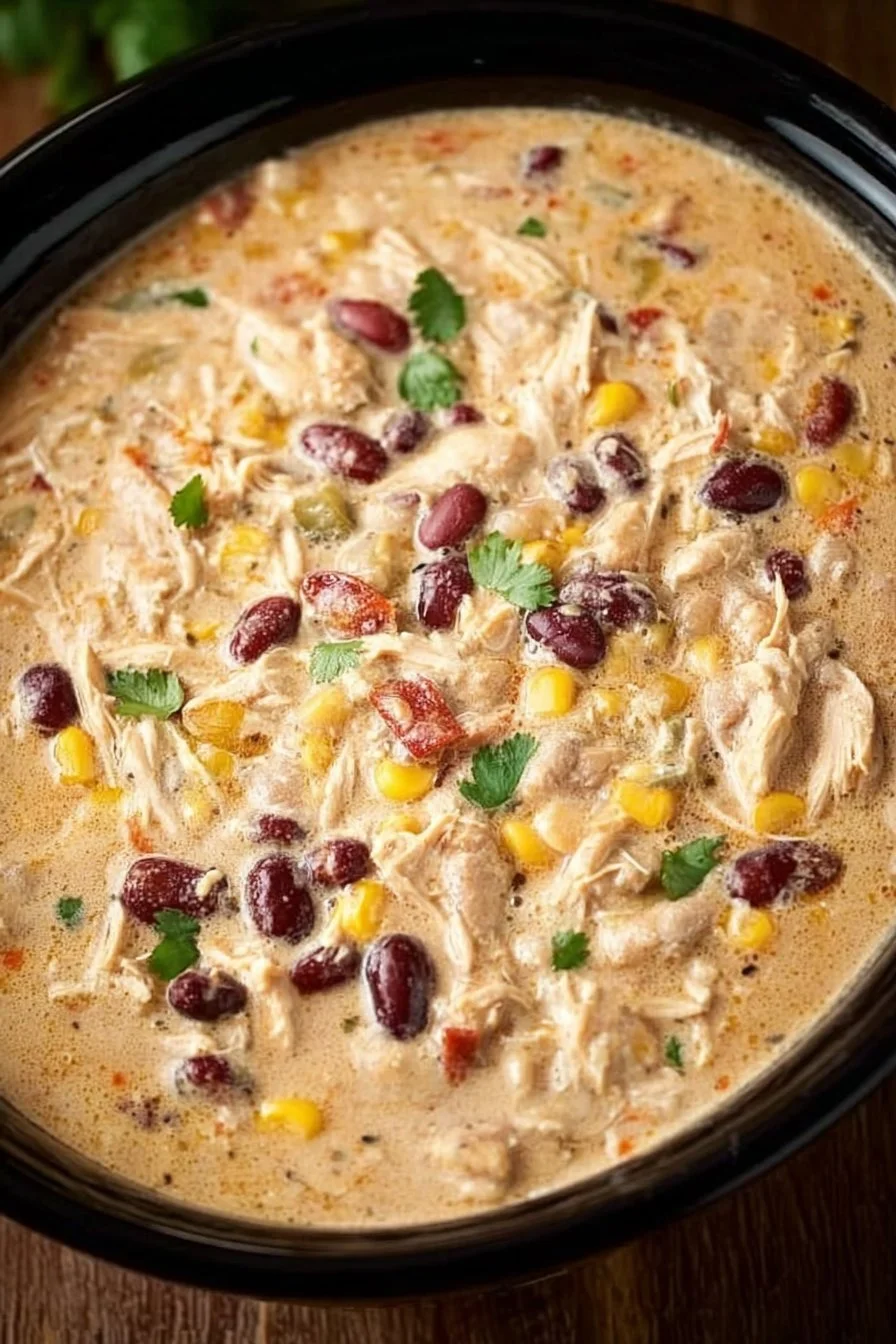 Crock Pot cream cheese chicken chili served in a bowl with toppings.