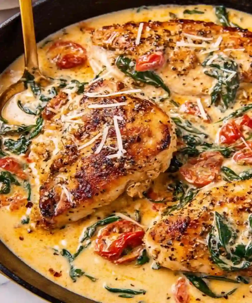 creamy tuscan chicken with seared breast, spinach, cherry tomatoes, parmesan in garlic sauce