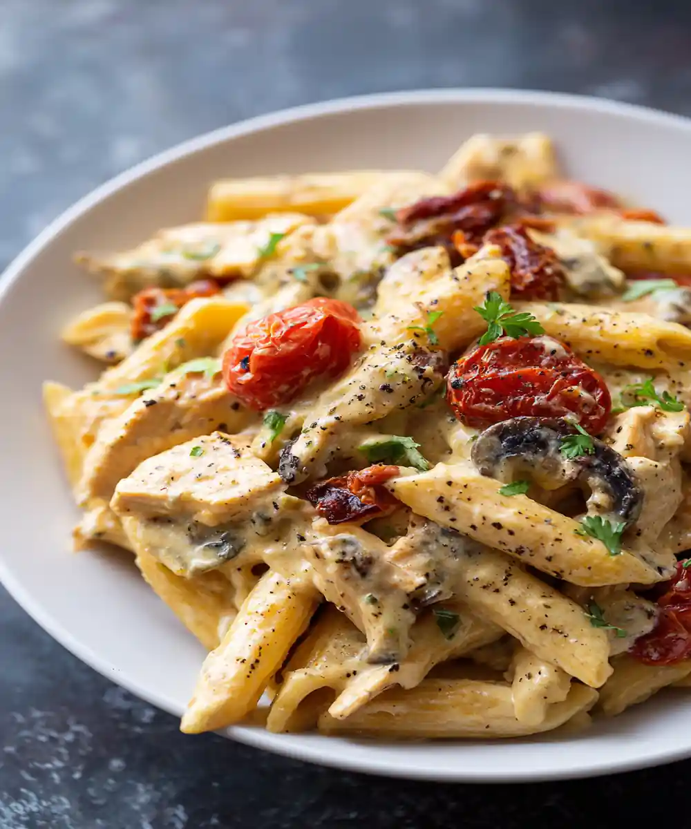 creamy tuscan chicken pasta with cherry tomatoes, mushrooms, and penne