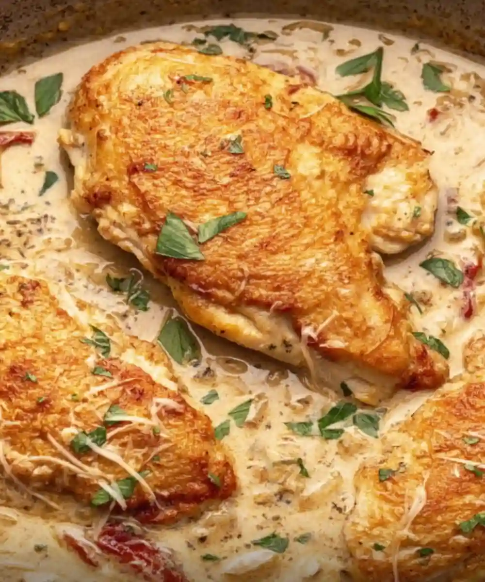 Seared chicken breasts in a creamy Tuscan garlic sauce with herbs and sun-dried tomatoes