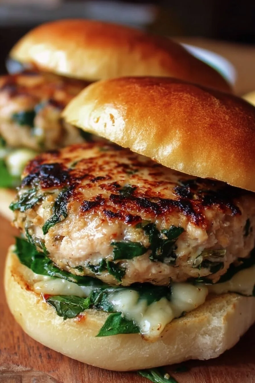 Delicious White Cheddar and Spinach Chicken Burgers served on a plate