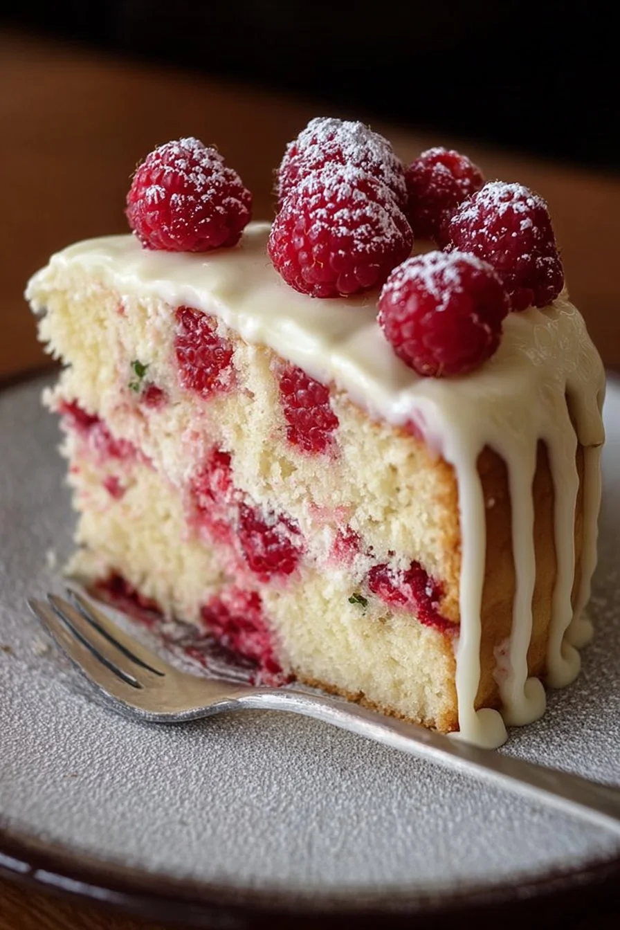 Sliced White Chocolate Raspberry Dream Cake with fresh raspberries and cream
